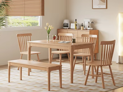 Cozy Home Dining Room Wooden Table Chairs Set With Bench Vase Flowers And Window Blinds 3d model