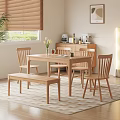 Cozy Home Dining Room Wooden Table Chairs Set With Bench Vase Flowers And Window Blinds