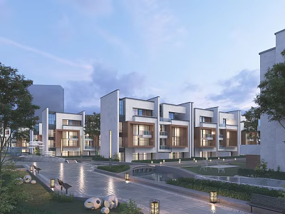 Modern Row of Multi storey Residential Buildings With Balconies Landscaped Pathway And Street Lamps 3d model