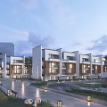 Modern Row of Multi storey Residential Buildings With Balconies Landscaped Pathway And Street Lamps