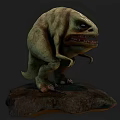 Game Movie Monster Character with Green Skin Big Eyes and Open Mouth Standing on Rock