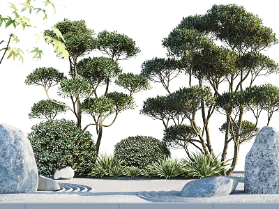 Lush Flowers and Plants in Natural Garden Landscape With Trees Bushes and Stones 3d model