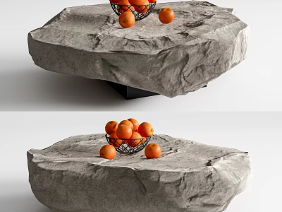 Stone Textured Surface Coffee Table With Irregular Shape Black Wire Basket And Oranges 3d model