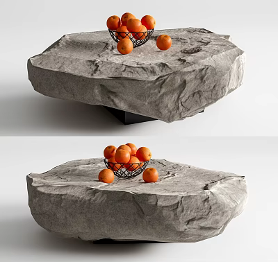 Stone Textured Surface Coffee Table With Irregular Shape Black Wire Basket And Oranges 3d model