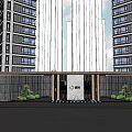 Modern Building Entrance Facade With Tall Buildings Open Plaza Glass Curtain And Green Plants