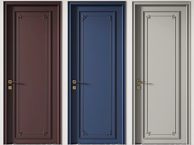 Stylish Hinged Doors in Dark Brown Blue Light Gray with Golden Handles and Decorative Lines 3d model