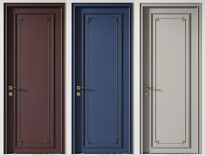 Stylish Hinged Doors in Dark Brown Blue Light Gray with Golden Handles and Decorative Lines 3d model