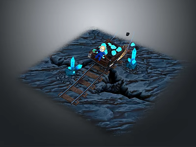 Underground Mining Cave Scene With Minecart Wooden Tracks And Blue Crystals 3d model
