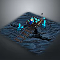 Underground Mining Cave Scene With Minecart Wooden Tracks And Blue Crystals
