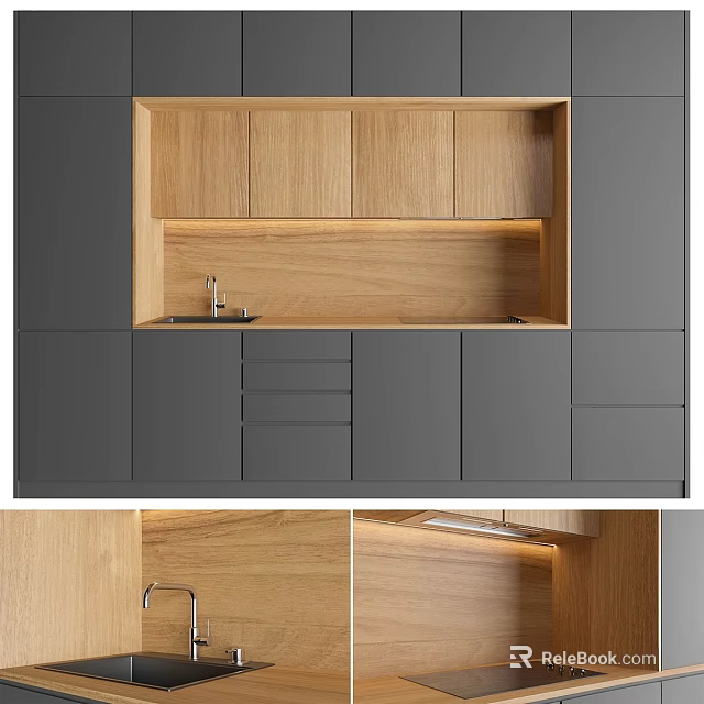 Modern Kitchen Design With Gray And Wooden Cabinets Countertop And Sink 3d model 