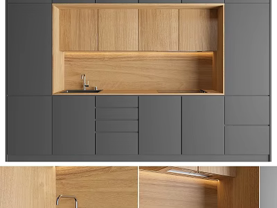 Modern Kitchen Design With Gray And Wooden Cabinets Countertop And Sink 3d model