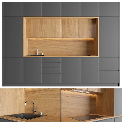 Modern Kitchen Design With Gray And Wooden Cabinets Countertop And Sink 3d model