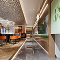 Modern Restaurant Interior Design With Ornate Ceiling Counter Chandelier And Green Plants