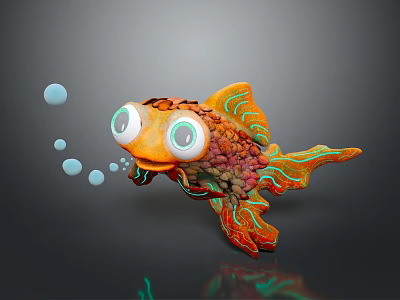 Vibrant Orange Cartoon Fish with Large Eyes Colorful Fins and Bubbles Underwater 3d model