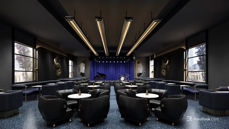 Modern Bar Interior Design With Black Seats Round Tables Blue Curtain And Hanging Lighting 3d model 
