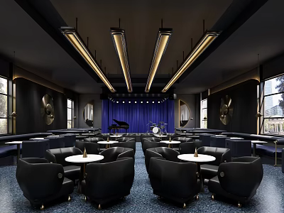 Modern Bar Interior Design With Black Seats Round Tables Blue Curtain And Hanging Lighting 3d model