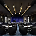 Modern Bar Interior Design With Black Seats Round Tables Blue Curtain And Hanging Lighting