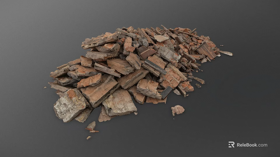 Pile of Broken Bricks with Various Textures and Colors on Dark Surface 3d model 