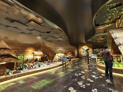 Decorative Exhibition Hall With Display Items And Unique Floor Design 3d model
