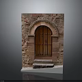 Arch Wooden Door In Stone Wall With Historic Entrance And Steps