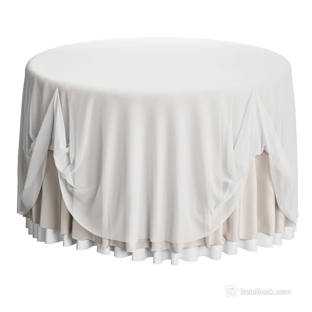 Elegant Round Dining Table Draped With Multiple Layers Of White Gauze Tablecloth For Wedding Banquets 3d model 