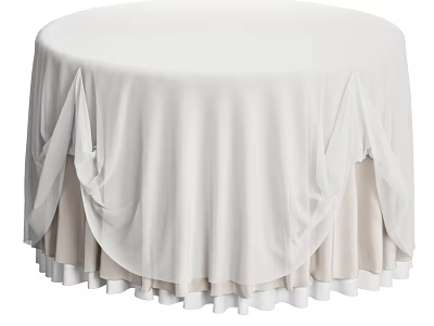 Elegant Round Dining Table Draped With Multiple Layers Of White Gauze Tablecloth For Wedding Banquets 3d model