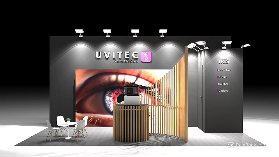 UVITEC Exhibition Booth Design With Wooden Partition Reception Desk And Eye 3d model 