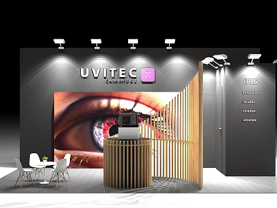 UVITEC Exhibition Booth Design With Wooden Partition Reception Desk And Eye 3d model