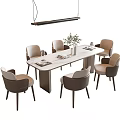 Modern Dining Table Set With Six Chairs Flower Vase Tableware And Hanging Light 3d model
