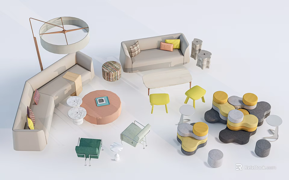 Modern Sofa Set With Modular Design Colorful Cushions And Matching Coffee Table 3d model 