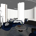 Modern Leisure Area Interior With Blue Sectional Sofa White Columns And Round Coffee Table