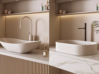 Modern Washbasin With Wooden Cabinet Marble Countertop Faucet Decorative Bottles And Plant 3d model