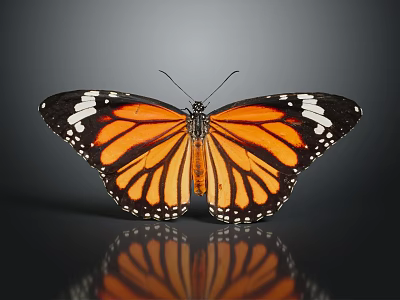 Monarch Butterfly With Spread Orange Black And White Spotted Wings On Dark Background Showing Reflection 3d model