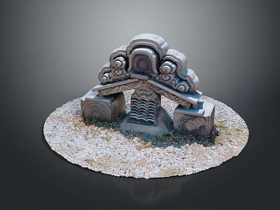 Scenic Landscape of Traditional Stone Carving with Cloud Patterns Wave Designs and Circular Gravel Ground 3d model