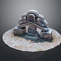 Scenic Landscape of Traditional Stone Carving with Cloud Patterns Wave Designs and Circular Gravel Ground