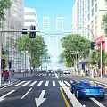 Bustling Commercial Street Crossroads With Pedestrians Vehicles Buildings And Green Trees