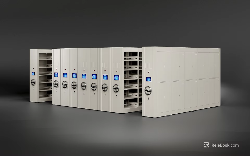 Row of White Mobile Bookcases With Multiple Compartments For File Storage And Lockable Doors 3d model 