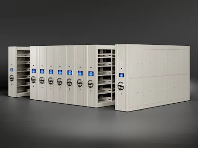 Row of White Mobile Bookcases With Multiple Compartments For File Storage And Lockable Doors 3d model