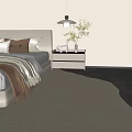 Cozy Modern Double Bed with Beige Headboard Pillows Nightstand Vase Plants and VOGUE Wall Art