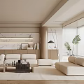 Modern Minimalist Living Room Interior With Beige Sofas Marble Accent Wall And Wooden Elements