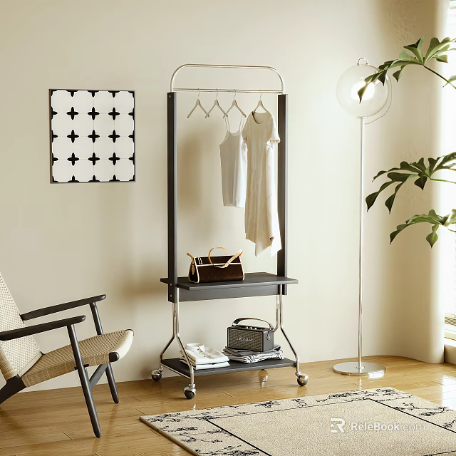 Modern Rolling Clothes Rack With Metal Frame Hanging White Garment And Lower Storage Shelf 3d model 