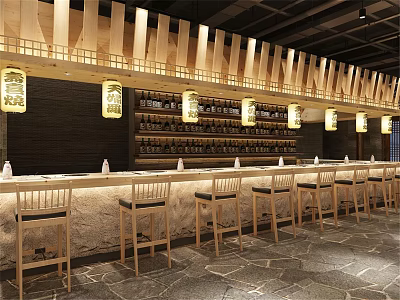Modern Restaurant Interior With Open Kitchen Bar Counter Wooden Seating And Pendant Lights 3d model