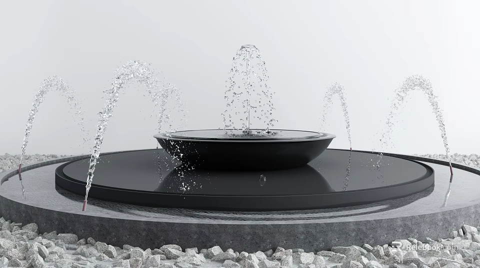 Garden Ornament Fountain with Black Round Basin Water Spraying and Gravel Base 3d model 