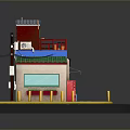 Small Street Shop Building With Green Roof Red Balcony Striped Awning Street Lamp And Bollards