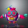 Colorful Pink Creature Cartoon Character Wearing Large Glasses Propeller Hat And Holding Blue Dice