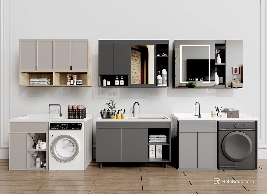 Modern Washbasin Area With Storage Cabinets Washing Machine And Mirror 3d model 