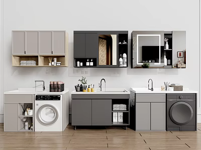 Modern Washbasin Area With Storage Cabinets Washing Machine And Mirror 3d model