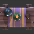 Green Blue Brown Wine Bottles and Glasses on Wooden Table With Purple Yellow Striped Cloth