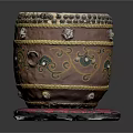Traditional Decorative Drum with White Drumhead Golden Edges Intricate Patterns on Red Cushioned Base