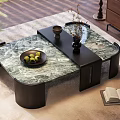Modern Coffee Table with Marble Top Black Frame Fruit Plate Vase Open Book on Rug